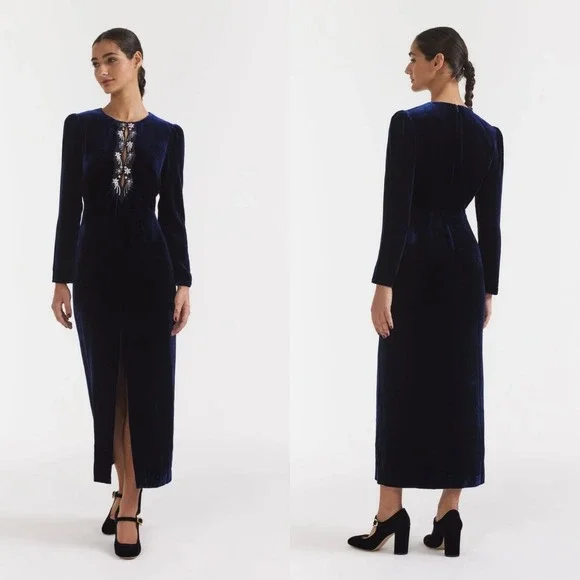 Saloni Jinx C Navy Blue Velvet Crystal Embellished Midi Dress Long Sleeve Slit - Picture 5 of 11